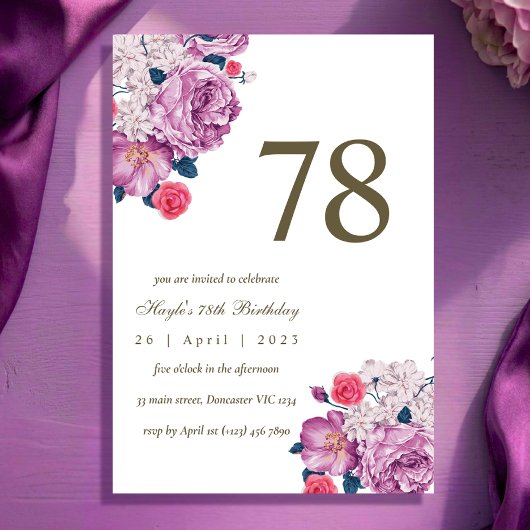 Invitation Fleur botanique pourpre Simple Chic 78e Anniversai