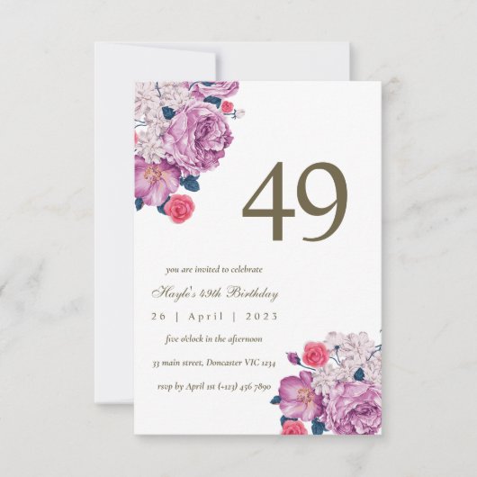 Invitation Fleur botanique pourpre simple et chic pour 49e an (Devant)