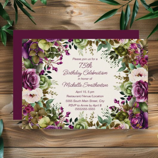 Invitation Fleur botanique rose violet pour 75e anniversaire