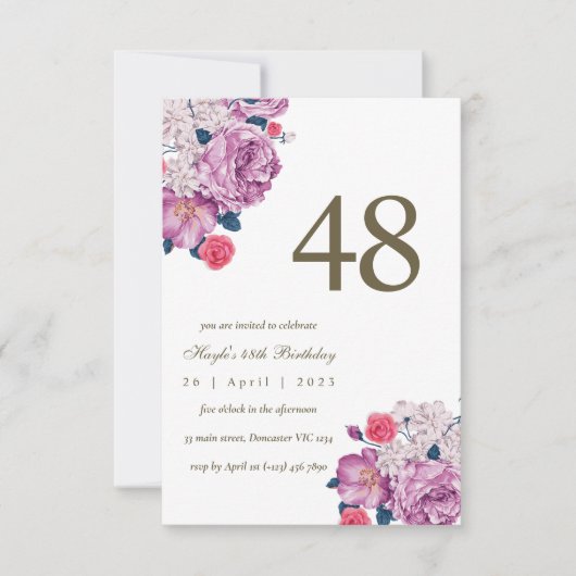 Invitation Fleur botanique violette simple et chic pour 48 an (Devant)