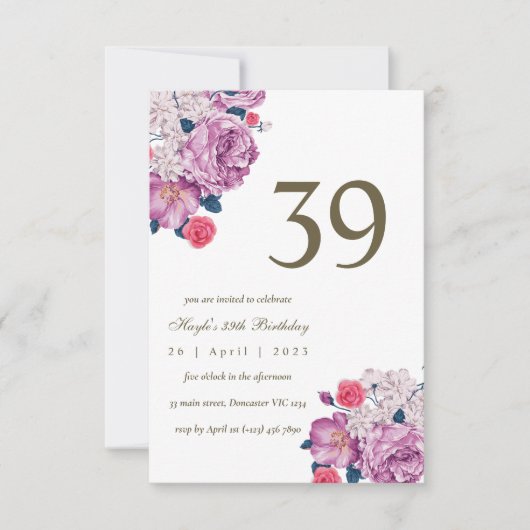 Invitation Fleur botanique violette simple et chic pour un 39 (Devant)