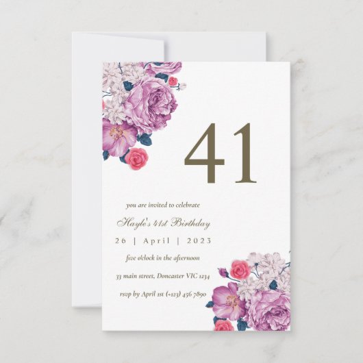 Invitation Fleur botanique violette simple et chic pour un 41 (Devant)