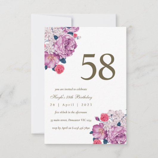 Invitation Fleur botanique violette simple et chic pour un 58 (Devant)