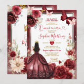 Invitation Fleur Bourgogne Rouge princesse papillon Quinceañe (Devant / Derrière)