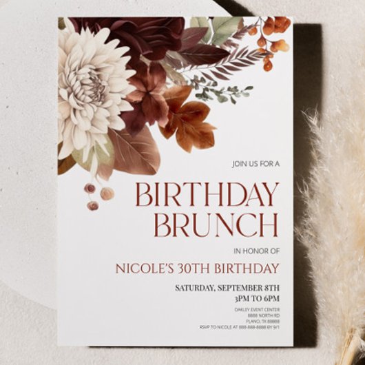 Invitation Fleur Brown Bourgogne Florale Anniversaire Brunch 
