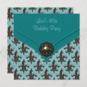 Invitation Fleur Brown turquoise de Lis fête de 40e anniversa (Devant / Derrière)