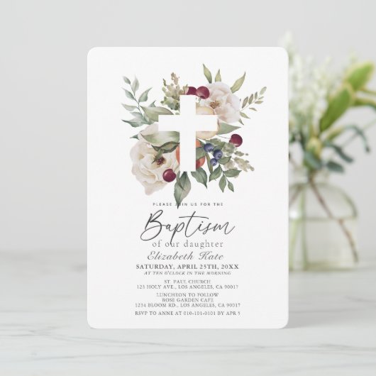 Invitation Fleur cerise Botanique Fille Baptême (Debout devant)