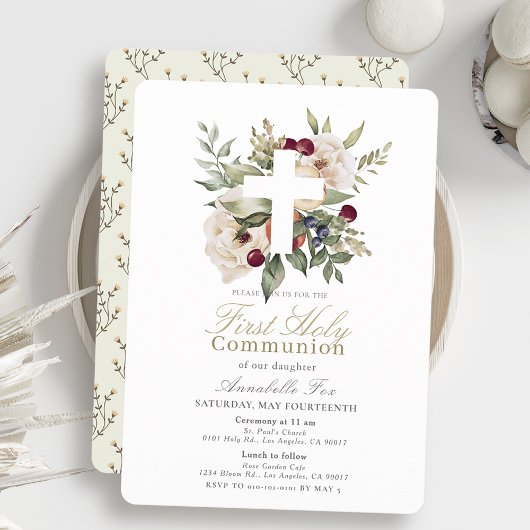Invitation Fleur Cerise Botanique Première Communion Sainte