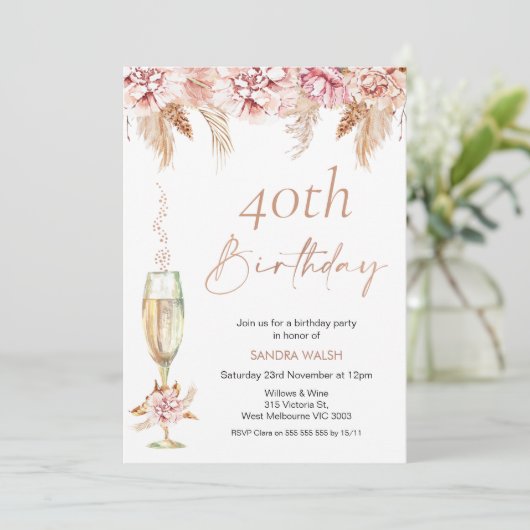 Invitation Fleur Champagne Verre Boho Pampas Anniversaire  (Debout devant)