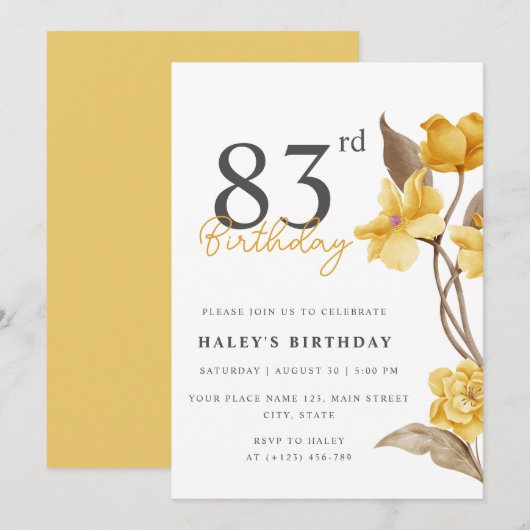 Invitation Fleur Chic Élégant Simple 83e Anniversaire (Devant / Derrière)