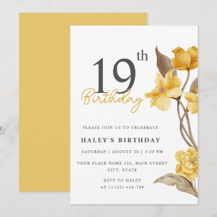Invitation Fleur Chic Élégant Simple Jaune 19e Anniversaire