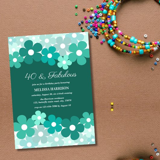 Invitation Fleur Chic Green Mint 40 Fabuleux anniversaire