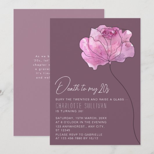 Invitation Fleur chic "Mort à mes 20 ans" 30e anniversaire (Devant / Derrière)