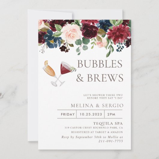 Invitation Fleur Classique Fancy Bubbles & Brews Douche nupti (Devant)