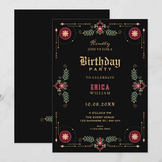 Invitation Fleur classique noire pour anniversaire (Devant / Derrière)