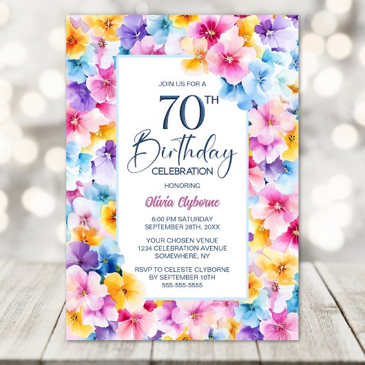 Invitation Fleur colorée 70e fête d'anniversaire