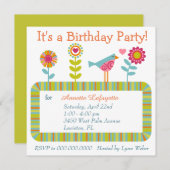 Invitation Fleur colorée et cadre d'oiseaux Fête d'anniversai (Devant / Derrière)