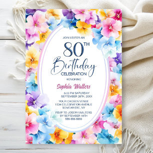 Invitation Fleur colorée Oval 80e fête d'anniversaire