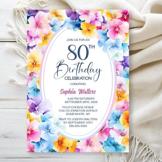 Invitation Fleur colorée Oval 80e fête d'anniversaire