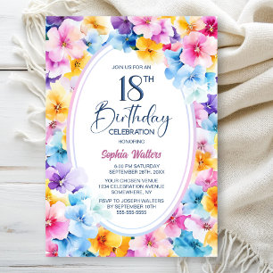 Invitation Fleur colorée Ovale 18e fête d'anniversaire