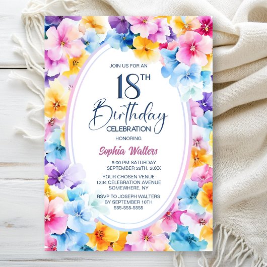 Invitation Fleur colorée Ovale 18e fête d'anniversaire