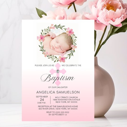 Invitation Fleur couronne rose BAPTISM FILLE | PHOTO