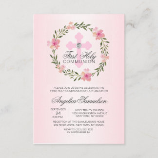 Invitation Fleur couronne rose première sainte communion FILL