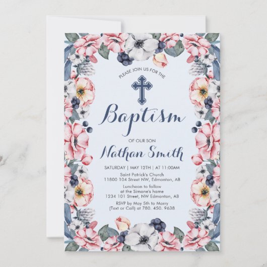 Invitation Fleur & Croix | Baptême de garçon (Devant)