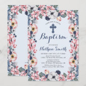 Invitation Fleur & Croix | Baptême de garçon (Devant / Derrière)