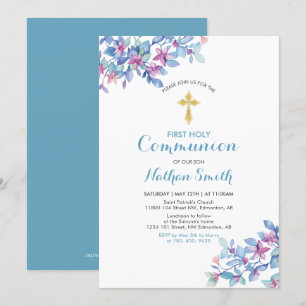 Invitation Fleur & Croix d'Or   Première Sainte Communion de 