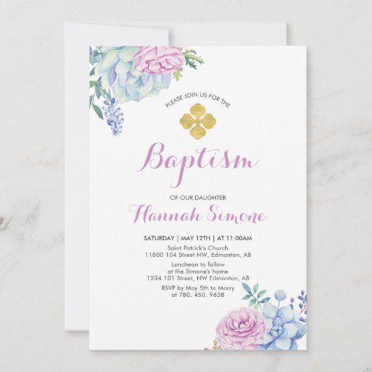 Invitation Fleur & Croix Dorée | Baptême Fille (Devant)