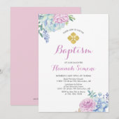 Invitation Fleur & Croix Dorée | Baptême Fille (Devant / Derrière)