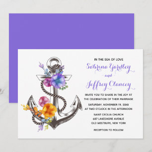 Invitation Fleur d'Ancre de Mariage Violet Nautique Plage Été
