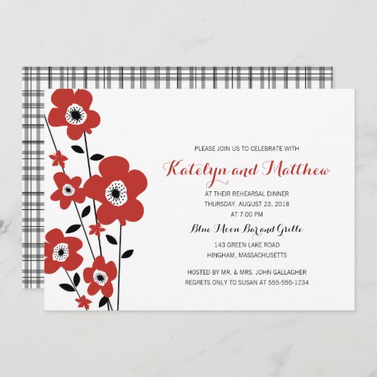 Invitation Fleur d'anémone rouge moderne| Dîner de répétition (Devant / Derrière)