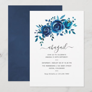 Invitation Fleur d'anniversaire aquarelle bleue marine et bla