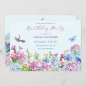 Invitation Fleur d'anniversaire bleu violet d'aquarelle (Devant / Derrière)