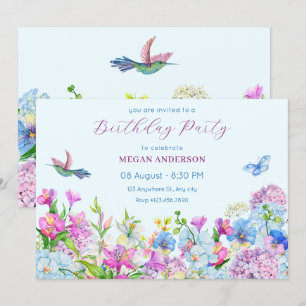 Invitation Fleur d'anniversaire bleu violet d'aquarelle
