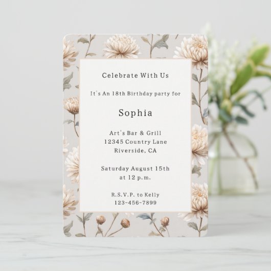 Invitation Fleur d'anniversaire Crème Marron Cocoa (Debout devant)