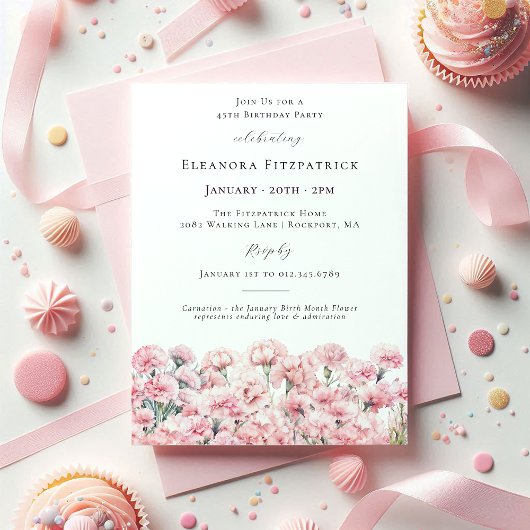 Invitation Fleur d'anniversaire de janvier Carnation rose 45e