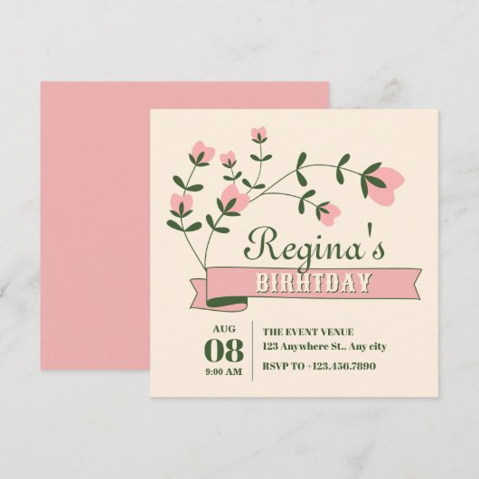 Invitation Fleur d'anniversaire esthétique (Devant / Derrière)