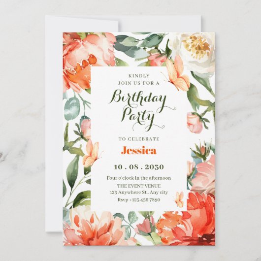 Invitation Fleur d'anniversaire vert orange (Devant)