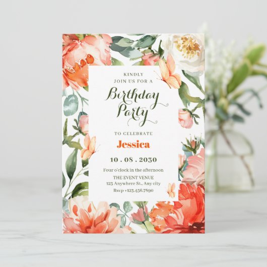 Invitation Fleur d'anniversaire vert orange (Debout devant)