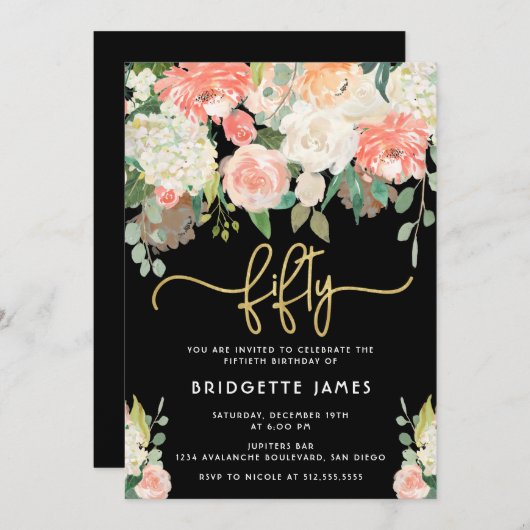 Invitation Fleur d'aquarelle 50e anniversaire (Devant / Derrière)