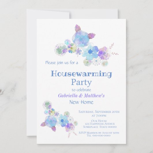 Invitation Fleur d'aquarelle bleu rustique (Devant)