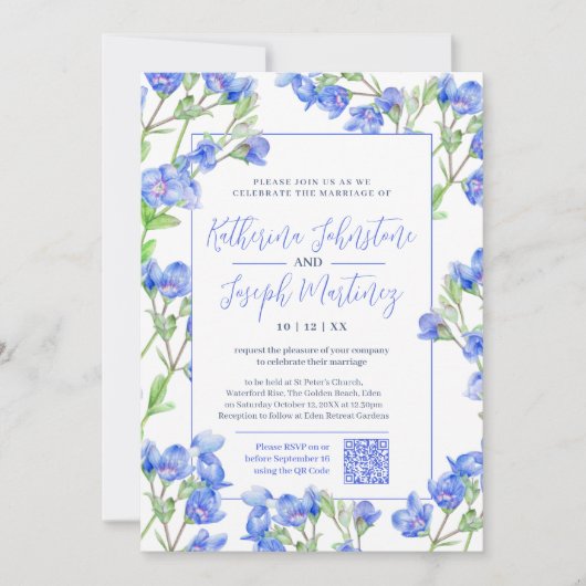 Invitation Fleur d'aquarelle bleu Speedwell QR RSVP mariage (Devant)