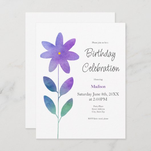 Invitation Fleur d'aquarelle bleu violet vert (Devant / Derrière)