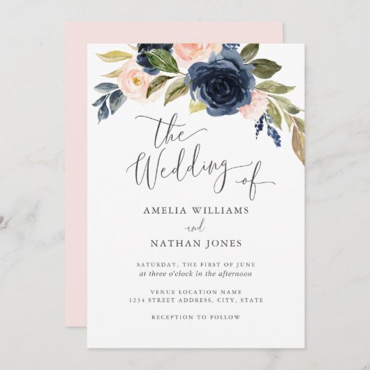 Invitation Fleur d'aquarelle Blush Navy Mariage de couronne (Devant / Derrière)