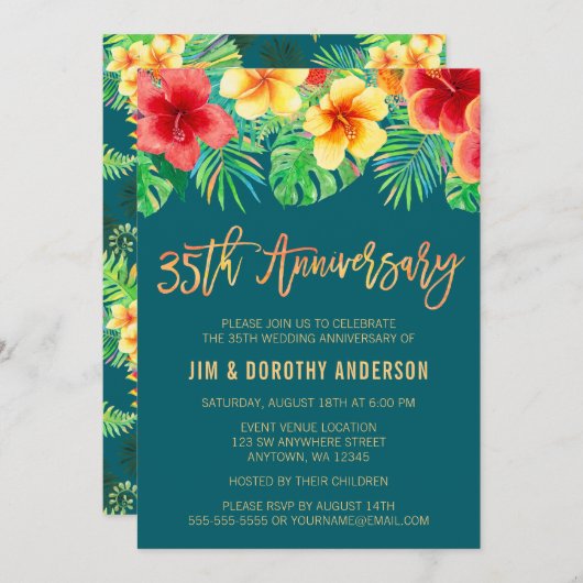 Invitation Fleur d'aquarelle tropicale 35e anniversaire (Devant / Derrière)