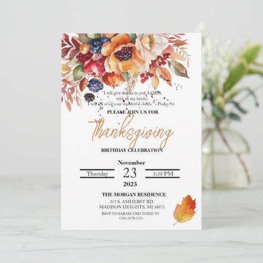 Invitation Fleur d'aquarelle Verset de Thanksgiving Anniversa (Debout devant)