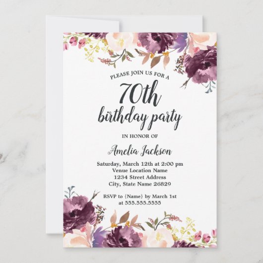 Invitation Fleur d'aquarelle violet Floral 70e anniversaire f (Devant)